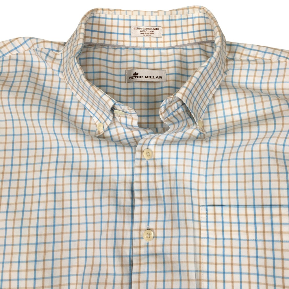 Peter Millar Shirt Mens XXL Windowpane Plaid Button Down Tan Blue LS Business